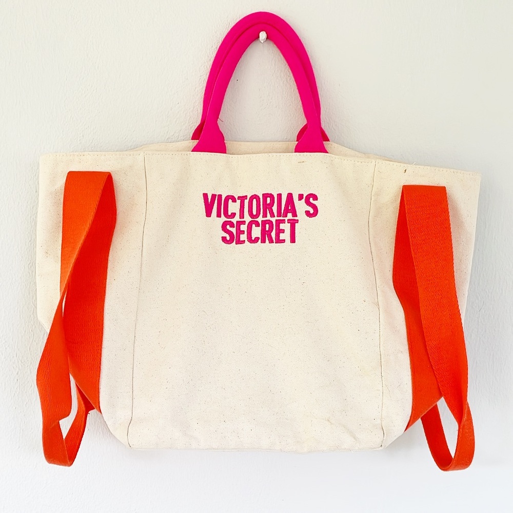 Victoria’s Secret neon pink orange embroidered large tote bag